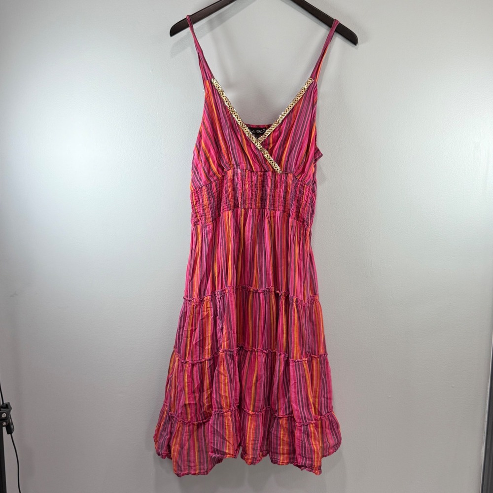 Studio West Womens XL Pink Orange Striped Cotton Tiered Smocked Boho Sun Dress